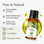 Ayuni Pure Rosemary Essential Oil bottle with product features listed on a white background