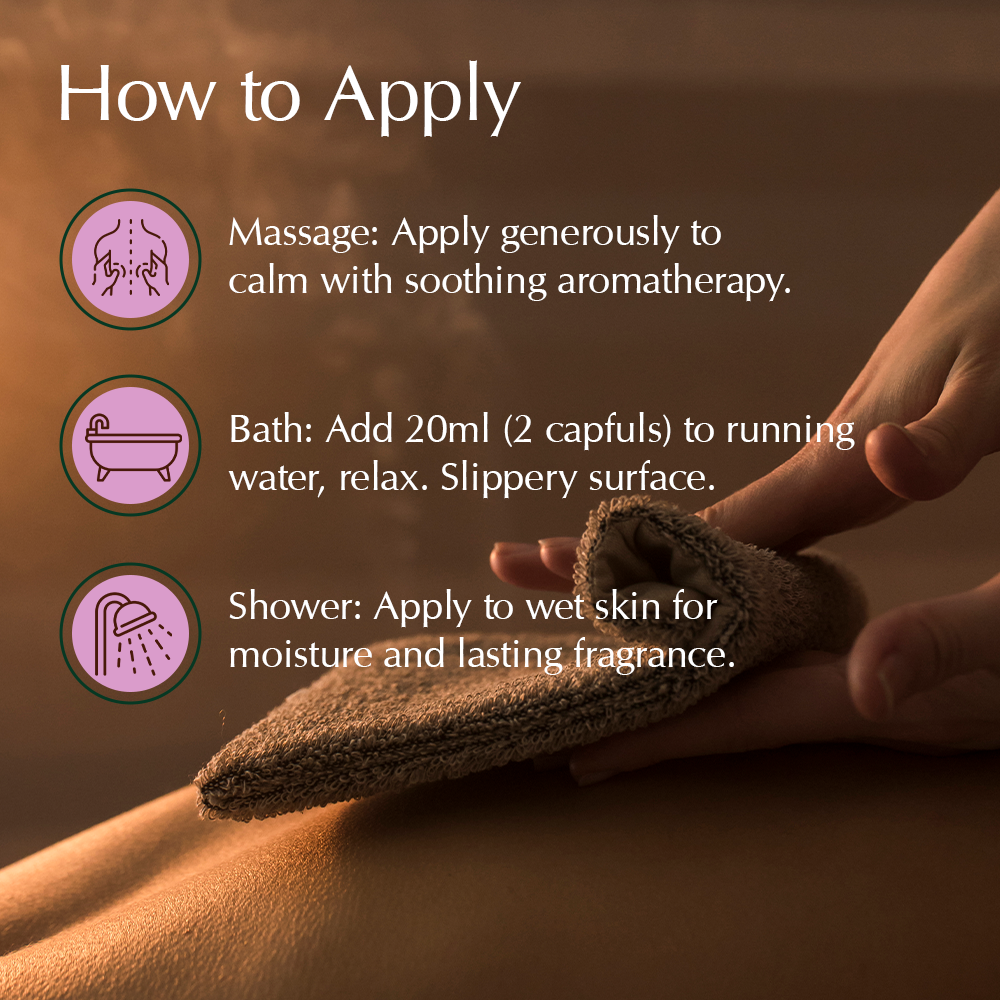 Ayumi Tranquility Massage, Bath & Body Oil, showing how to use in all applications