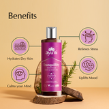 Ayumi Tranquility Massage, Bath & Body Oil outlining the benefits of the oil.