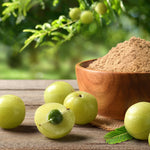 Amla fruits and a wooden bowl with Amla powder on a wooden surface with greenery in the background