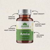 Bottle of Ayumi Amla capsules highlighting benefits like improved digestion, boosted immunity, heart support, and anti-aging effects.