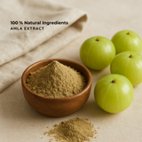 Bowl of Amla extract powder with fresh Indian gooseberries, showcasing 100% natural ingredients.