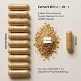 Comparison of 10 conventional powder capsules versus 1 extract capsule, explaining Amla extract's 10:1 potency ratio.