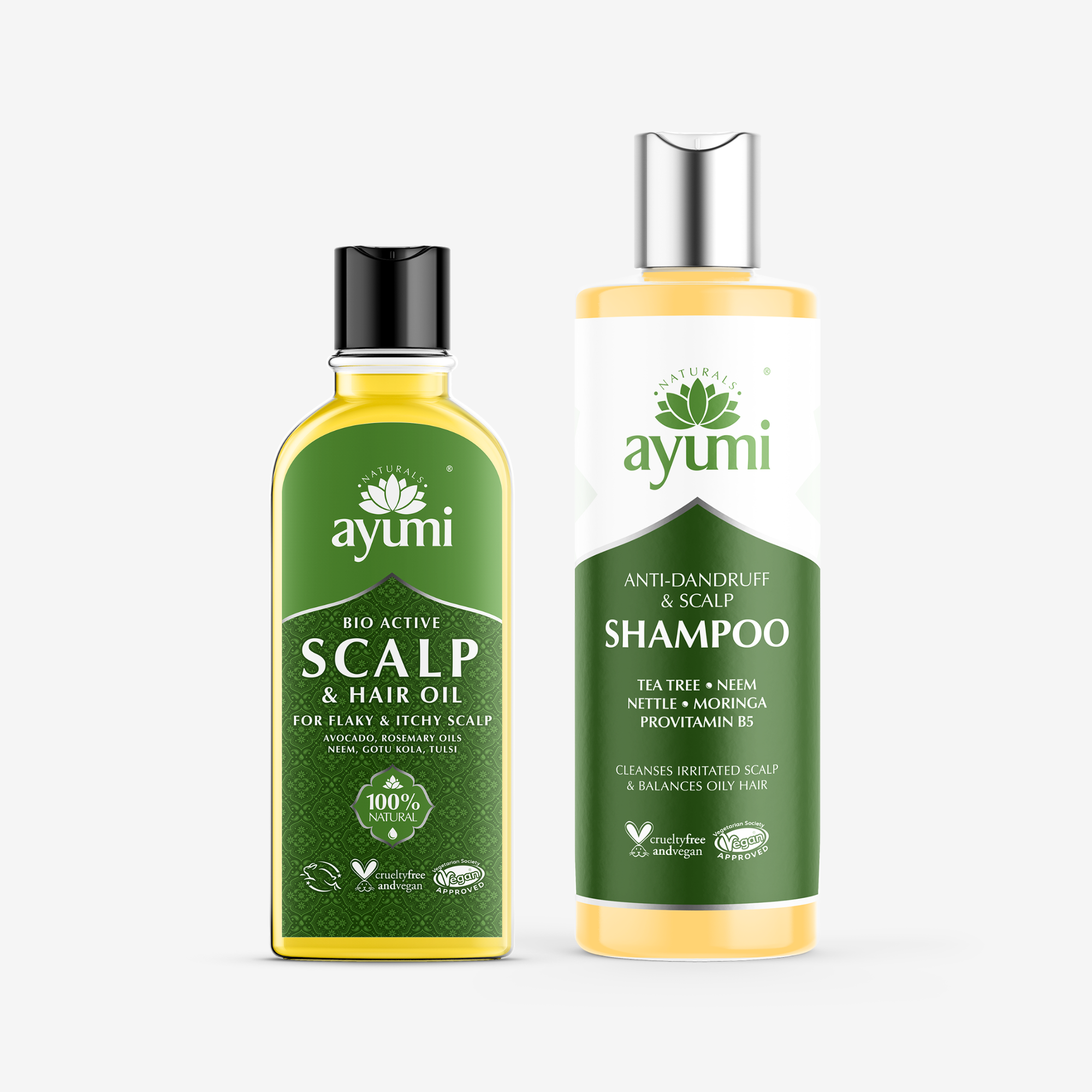 Two Ayumi hair care products, scalp oil and shampoo, on a white background.
