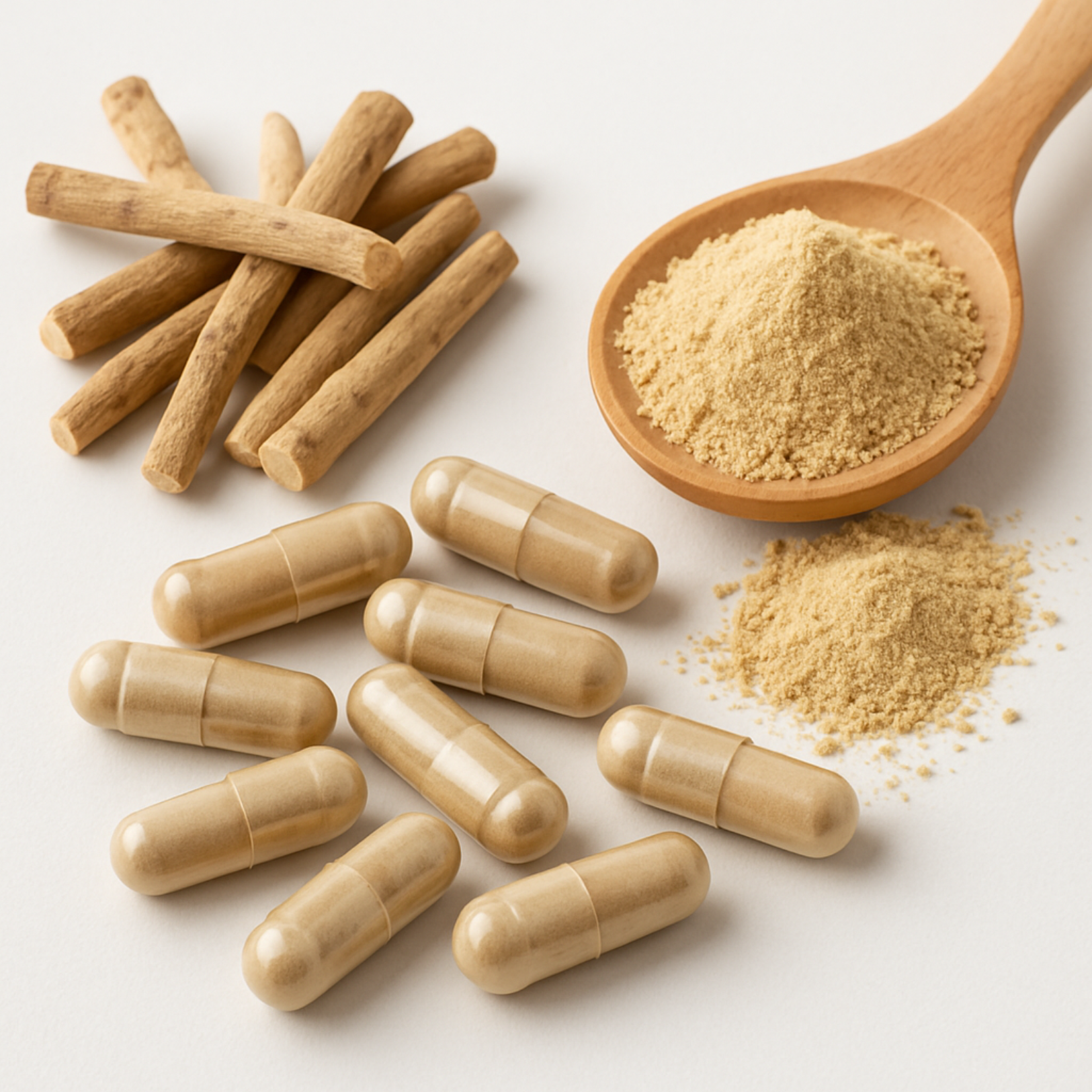 Ashwagandha roots, powder in a wooden spoon, and several Ashwagandha extract capsules displayed on a white background.