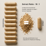 Visual comparison of 10 conventional powder capsules versus 1 Ashwagandha extract capsule to show 10:1 potency.