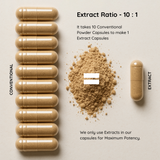 Visual comparison of 10 conventional powder capsules versus 1 Ashwagandha extract capsule to show 10:1 potency.