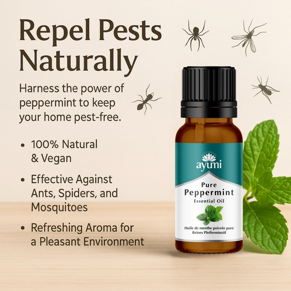 Showing a bottle of Ayumi Peppermint Oil, repelling ants, spiders and mosquitos