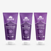 Three tubes of Ayumi brand skin care products, with the packaging indicating they are a brightening face wash, clay face mask, and face cream, each with purple and white colour scheme.