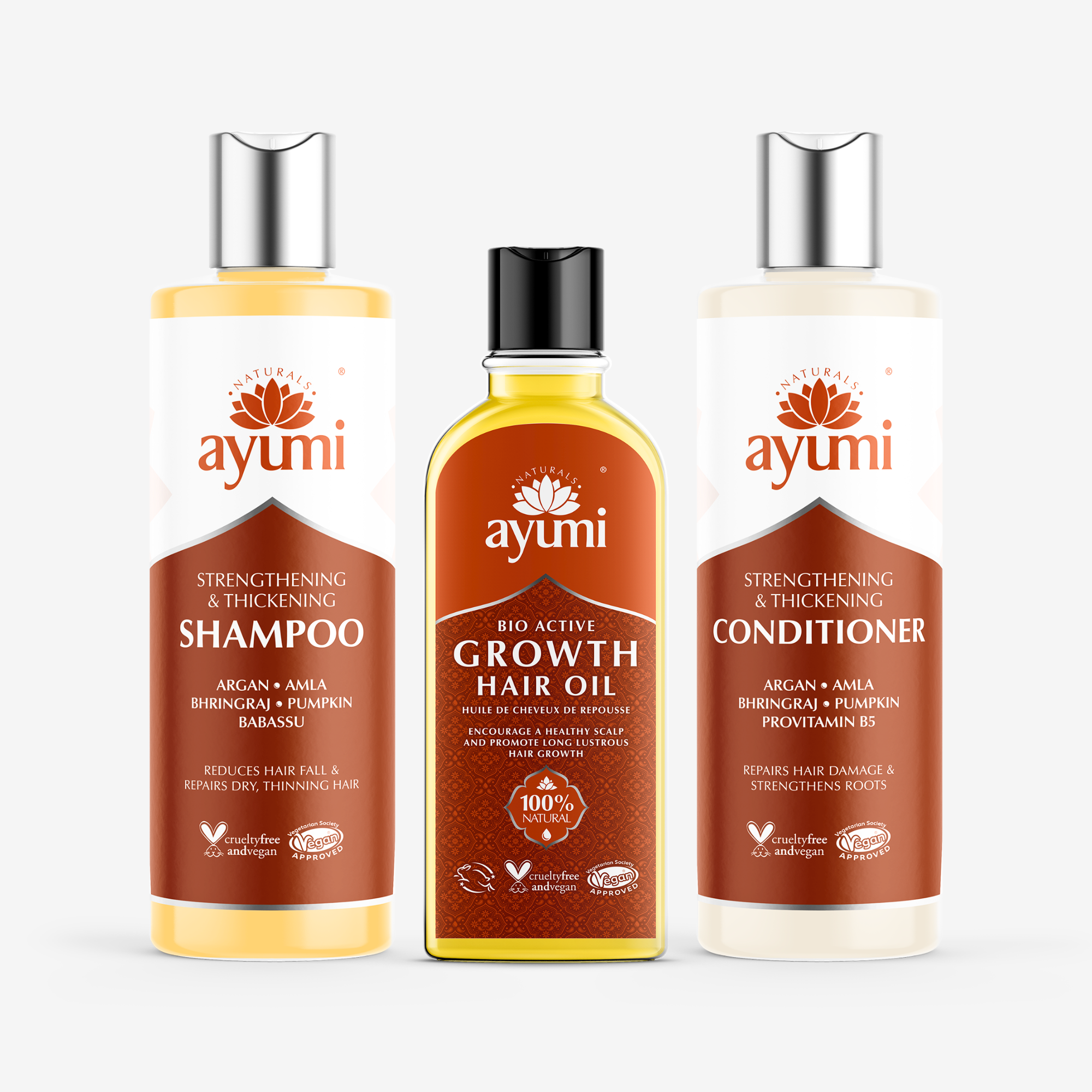 Three Ayumi hair care products on a white background