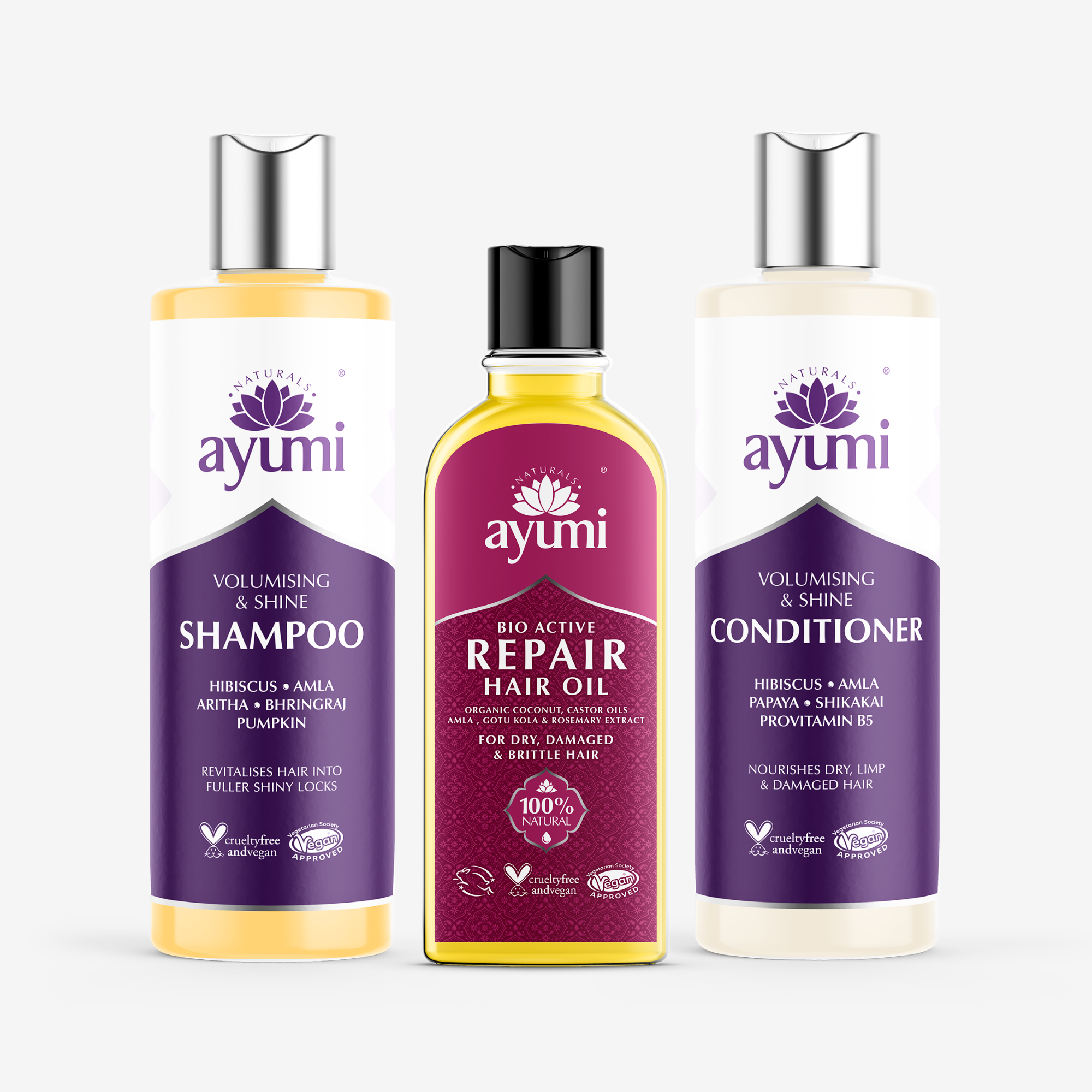Three Ayumi hair care products on a white background