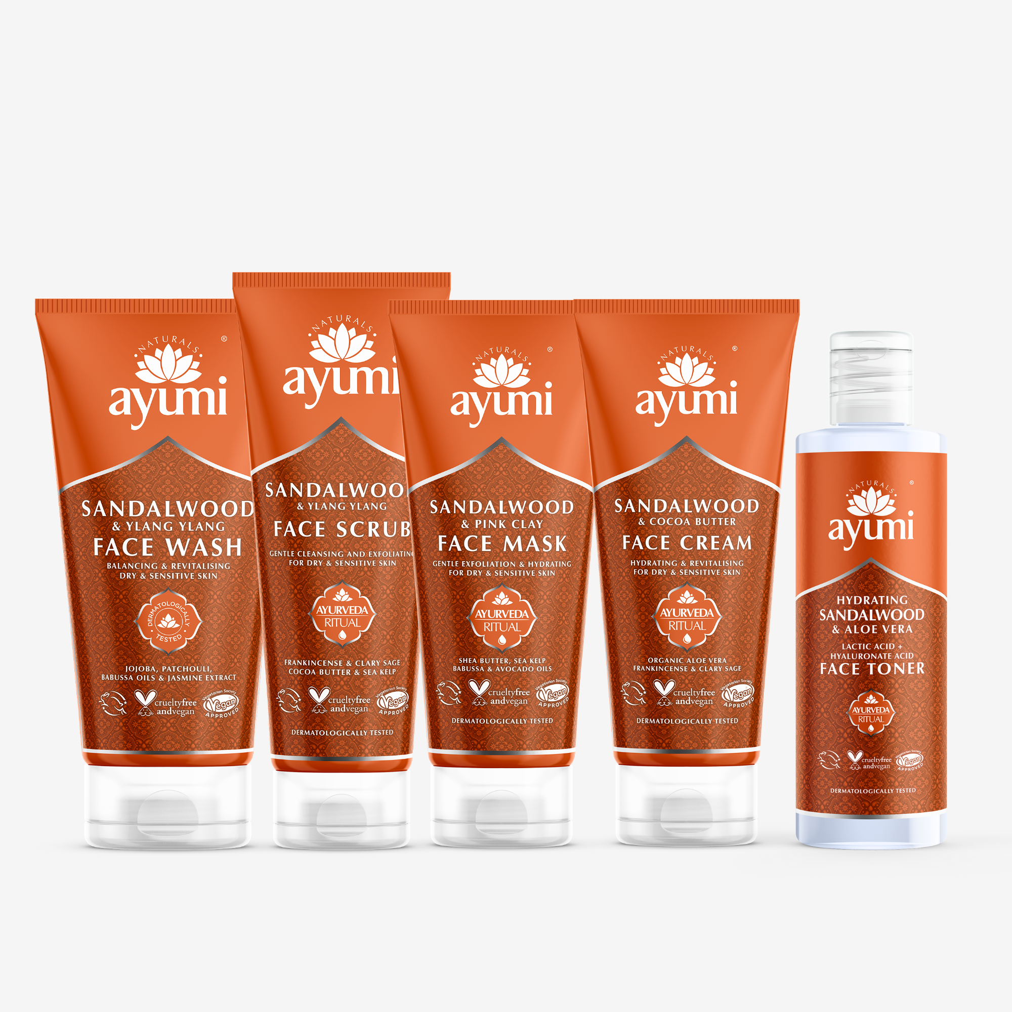 Hydrating face ritual set: cleanse, scrub, mask, tone, moisturise