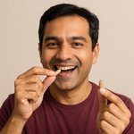 Smiling man in a maroon shirt about to take an Amla capsule supplement.