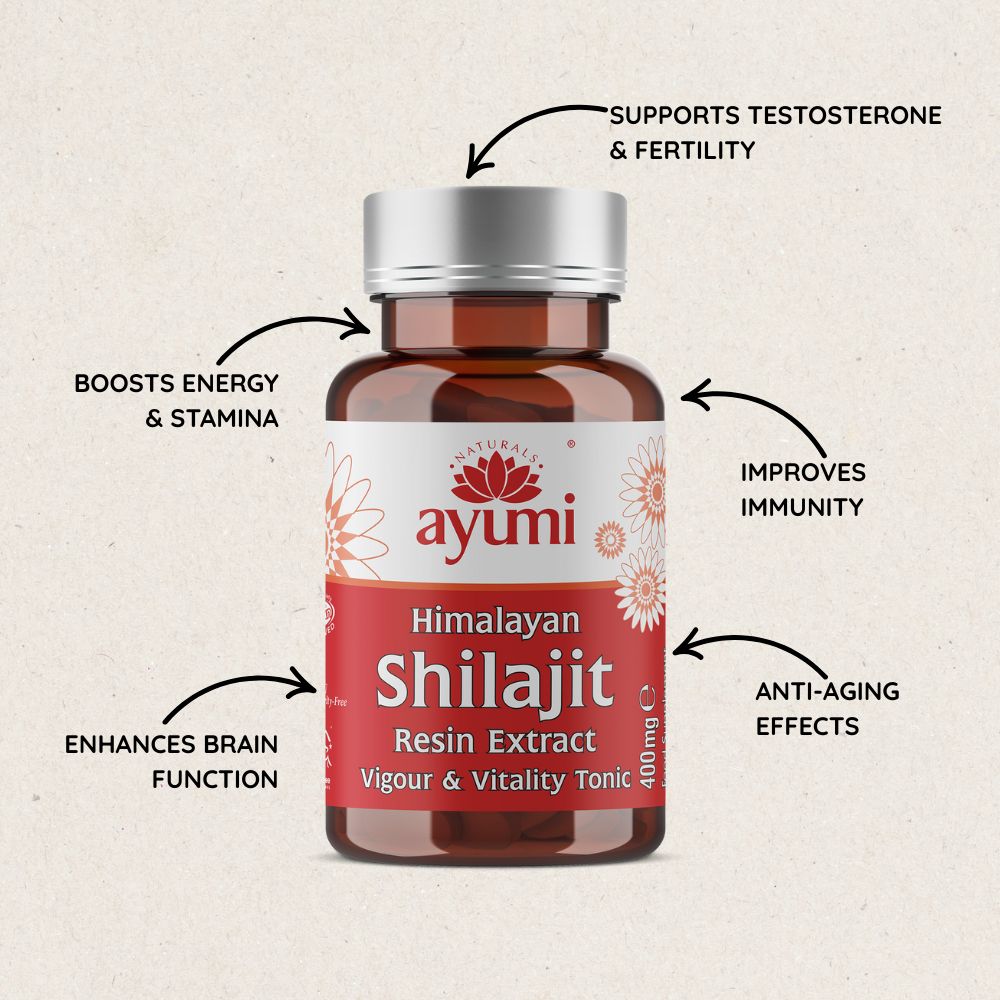 Ayumi Himalayan Shilajit bottle with arrows highlighting benefits like energy boost, testosterone support, immunity improvement, brain function, and anti-aging effects