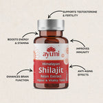 Ayumi Himalayan Shilajit bottle with arrows highlighting benefits like energy boost, testosterone support, immunity improvement, brain function, and anti-aging effects