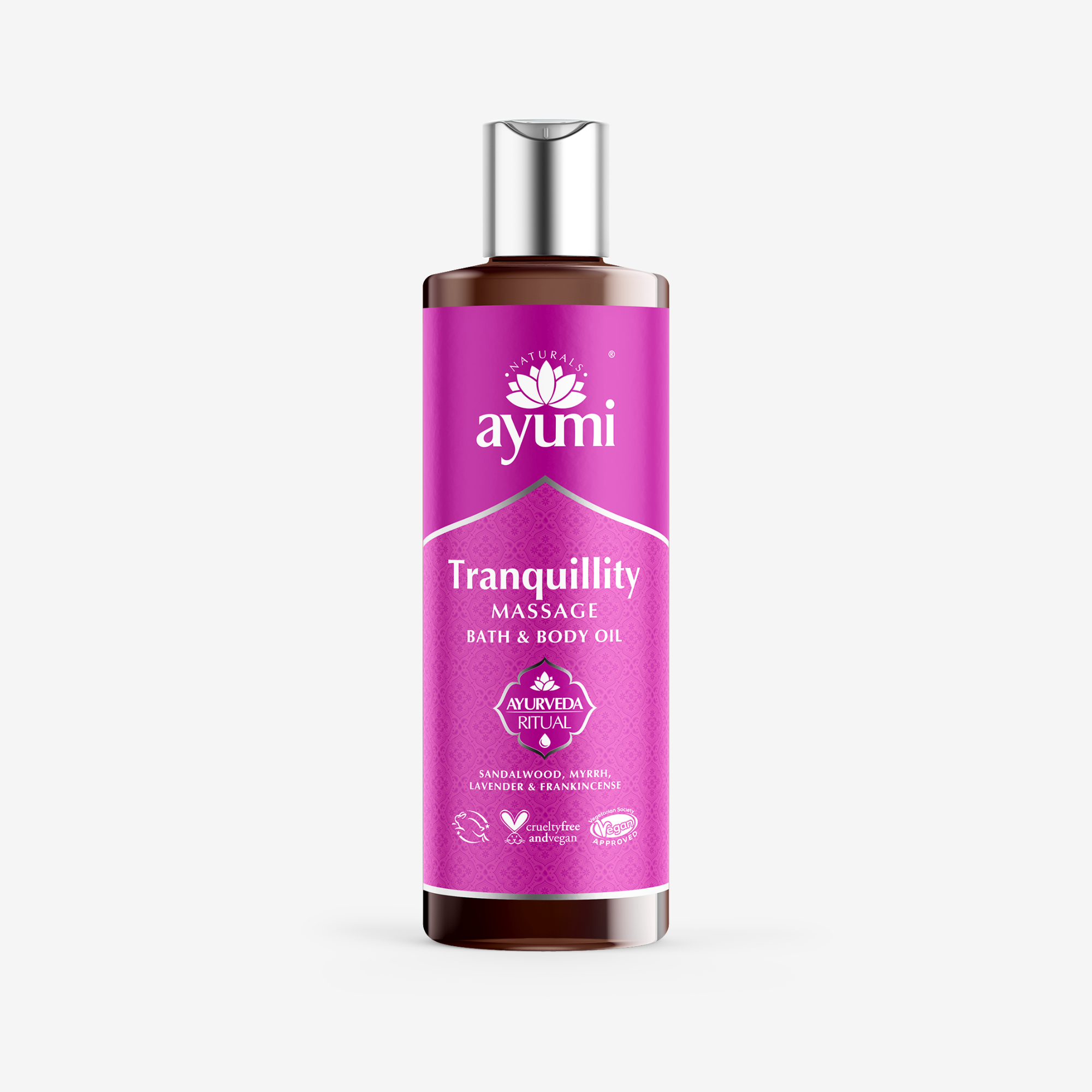 Ayumi Tranquility massage oil bottle featuring Sandalwood, Myrrh, Lavender, and Frankincense for relaxation.
