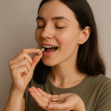 Woman in an olive green shirt smiling and about to consume an Amla capsule supplement.