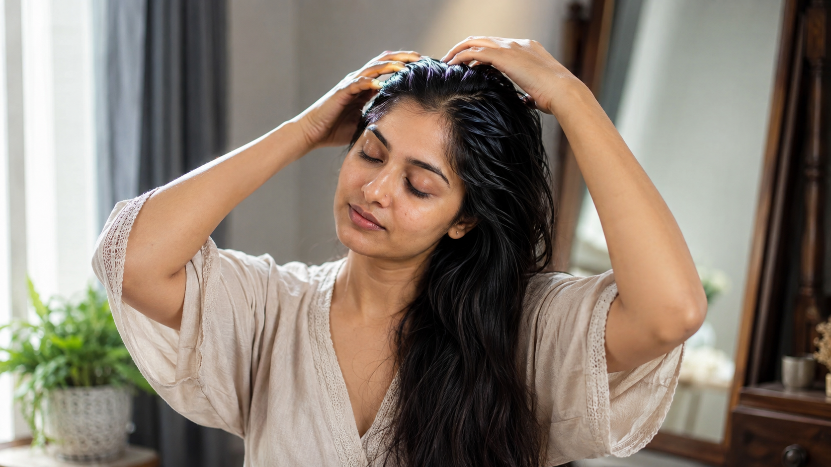 Oil being poured into a palm before a pre-wash hair oiling treatment