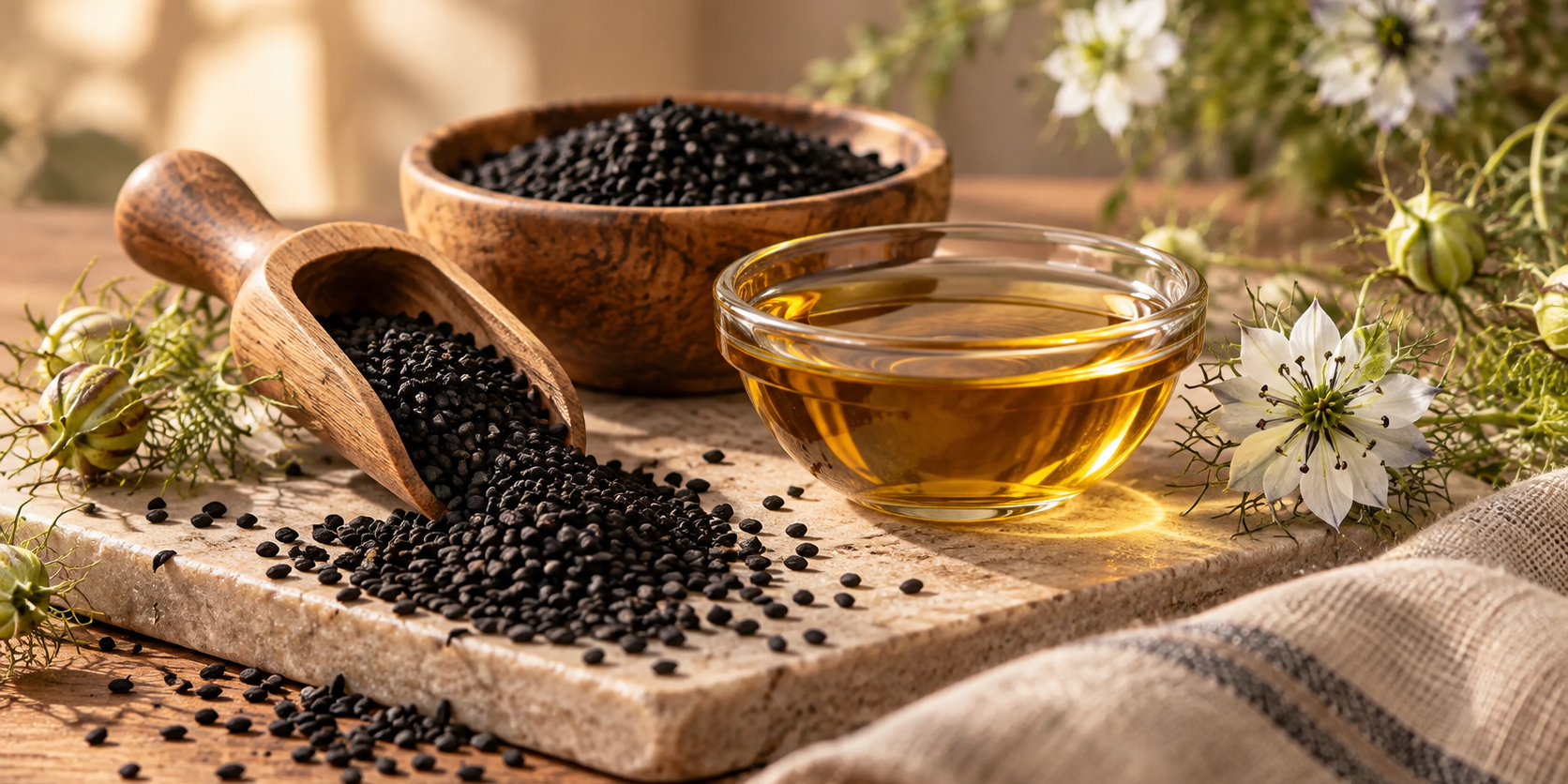Black Nigella sativa seeds scattered across a natural stone surface beside a wooden scoop and bowl, with golden black seed oil in a glass bowl and delicate Nigella flowers in warm natural light.