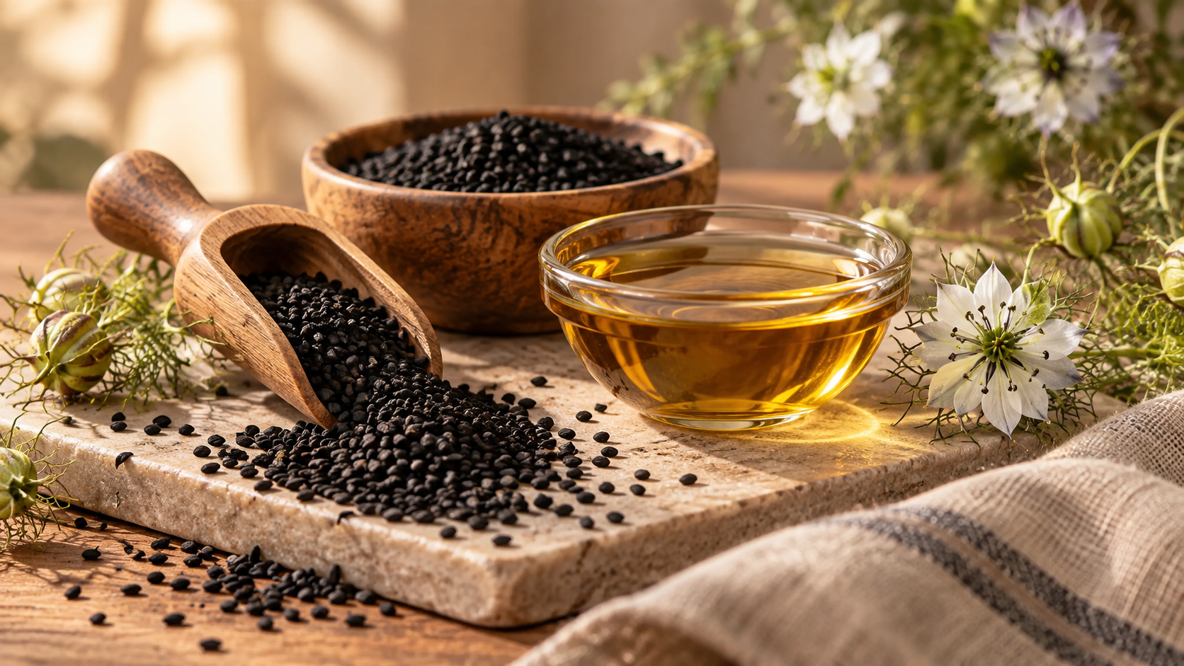 Black Nigella sativa seeds scattered across a natural stone surface beside a wooden scoop and bowl, with golden black seed oil in a glass bowl and delicate Nigella flowers in warm natural light.