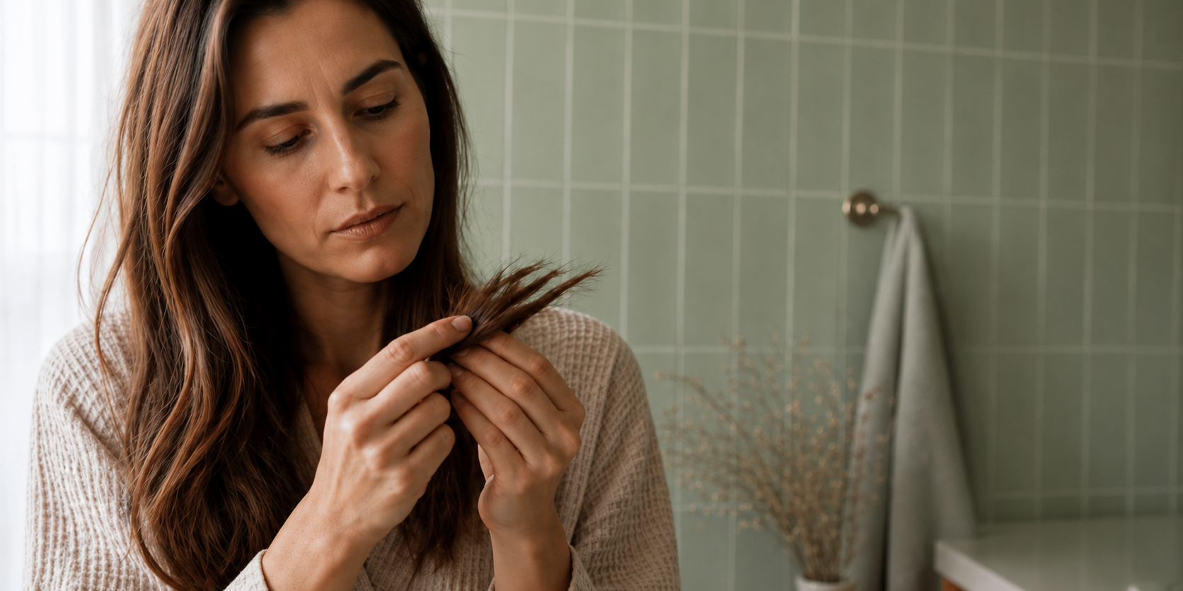A woman in a bathroom gently examining the ends of her long brown hair between her fingers, looking closely for signs of split ends.