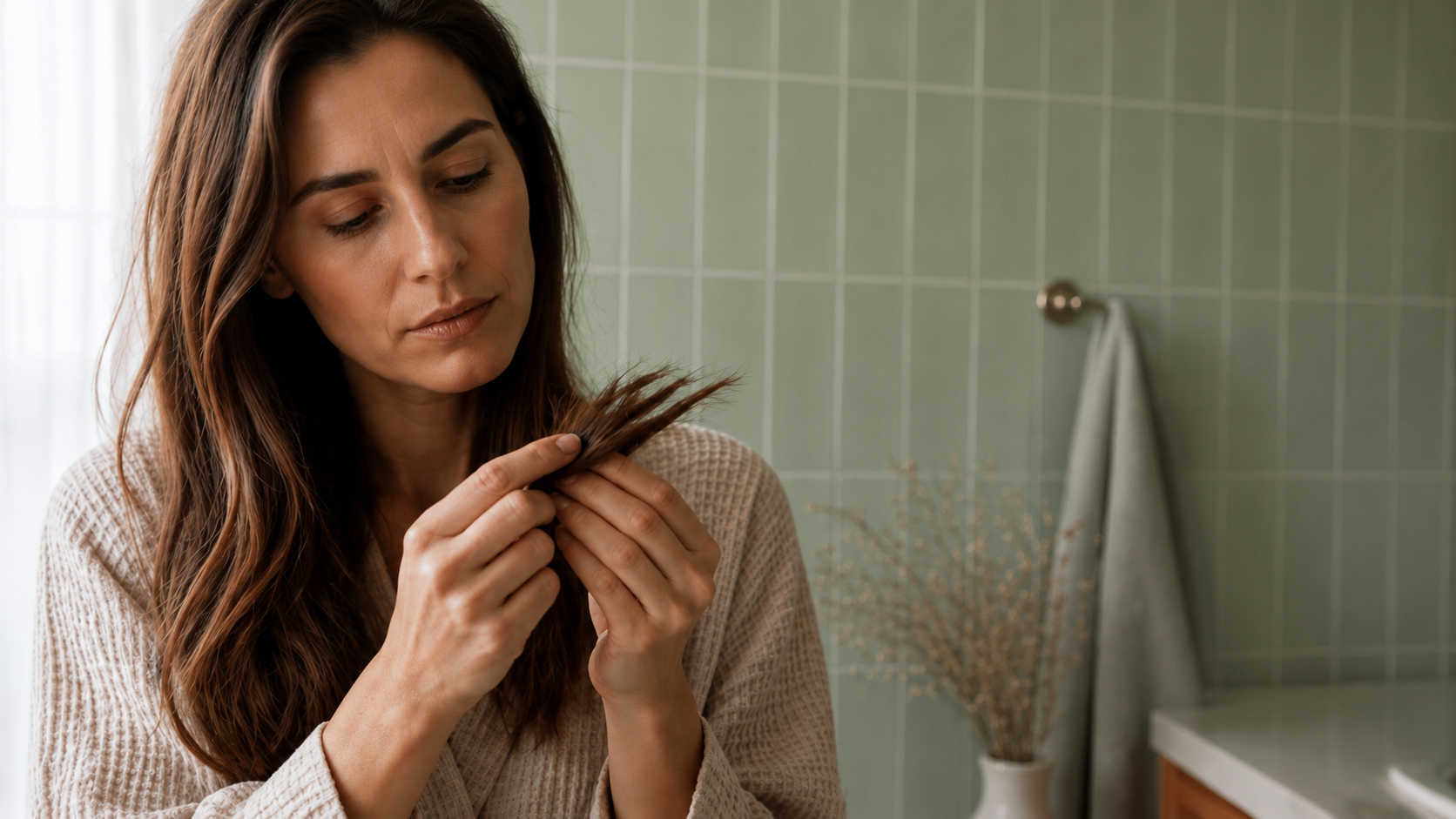 A woman in a bathroom gently examining the ends of her long brown hair between her fingers, looking closely for signs of split ends.
