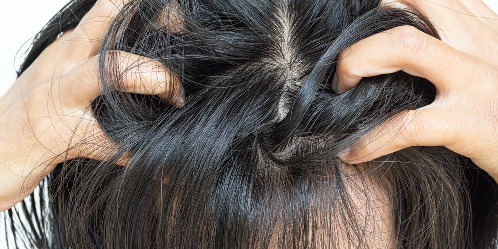 A lady in a white background, scratching her Itchy scalp