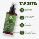 Ayumi scalp hair oil bottle with features targeting scalp issues on a white background