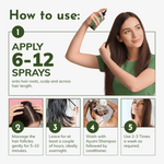 Instructions on how to use a hair care product with a woman applying it and step-by-step illustrations.