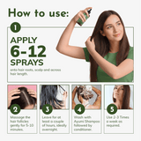 Instructions on how to use a hair care product with a woman applying it and step-by-step illustrations.