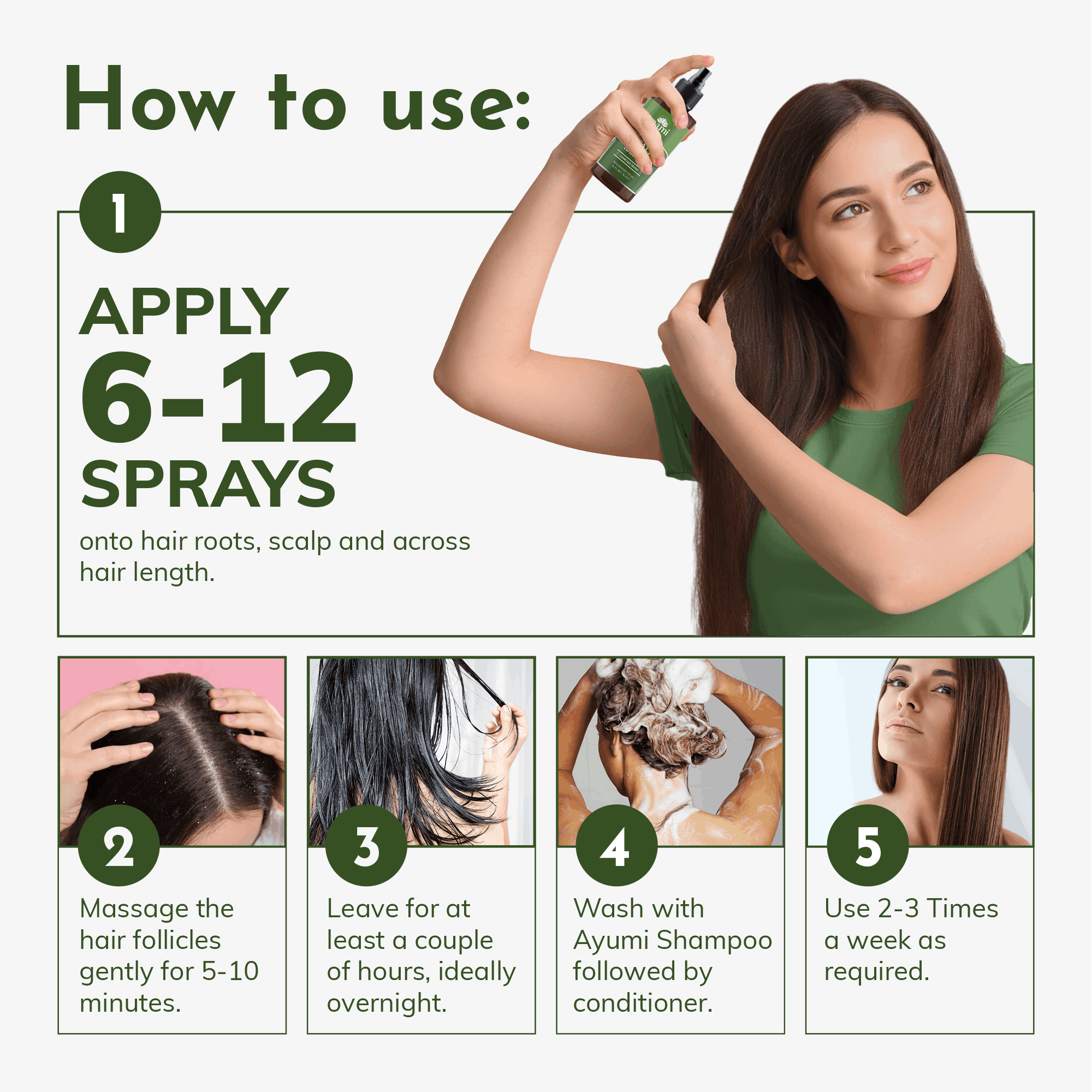 Instructions on how to use a hair care product with a woman applying it and step-by-step illustrations.