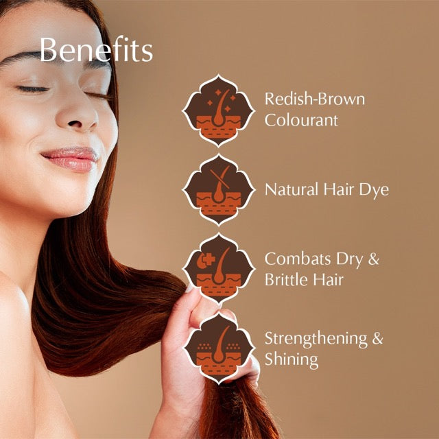 Woman with brown hair and text listing benefits of redish-brown colorant on a beige background