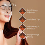 Woman with brown hair and text listing benefits of redish-brown colorant on a beige background