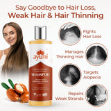 Ayumi shampoo bottle with benefits text and images on a white background