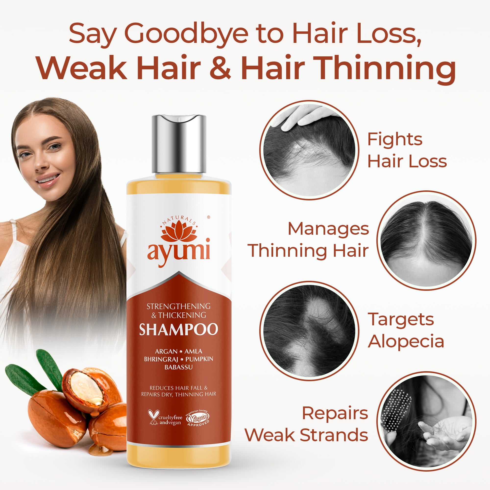 Ayumi shampoo bottle with benefits text and images on a white background