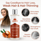 Ayumi conditioner bottle with hair health benefits and a woman with long hair.