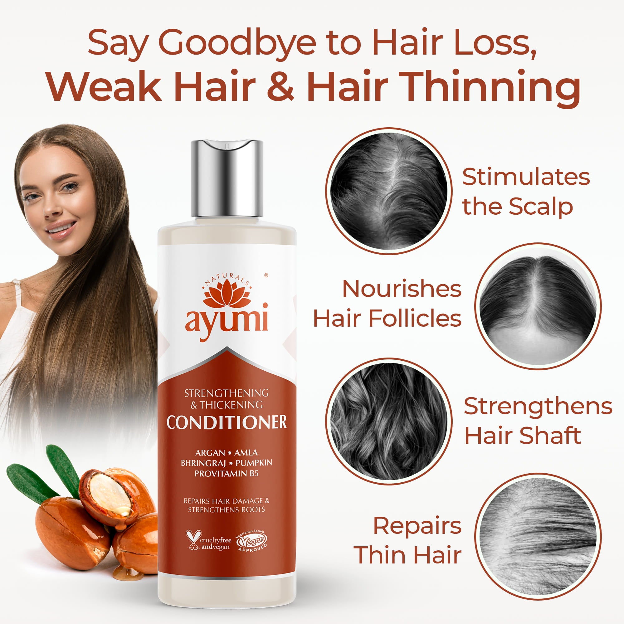 Ayumi conditioner bottle with hair health benefits and a woman with long hair.