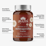 Ayumi Ashwagandha Powder bottle with health benefits listed on a white background