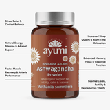 Ayumi Ashwagandha Powder bottle with health benefits listed on a white background