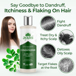 Ayumi anti-dandruff and scalp conditioner bottle with benefits displayed on a white background