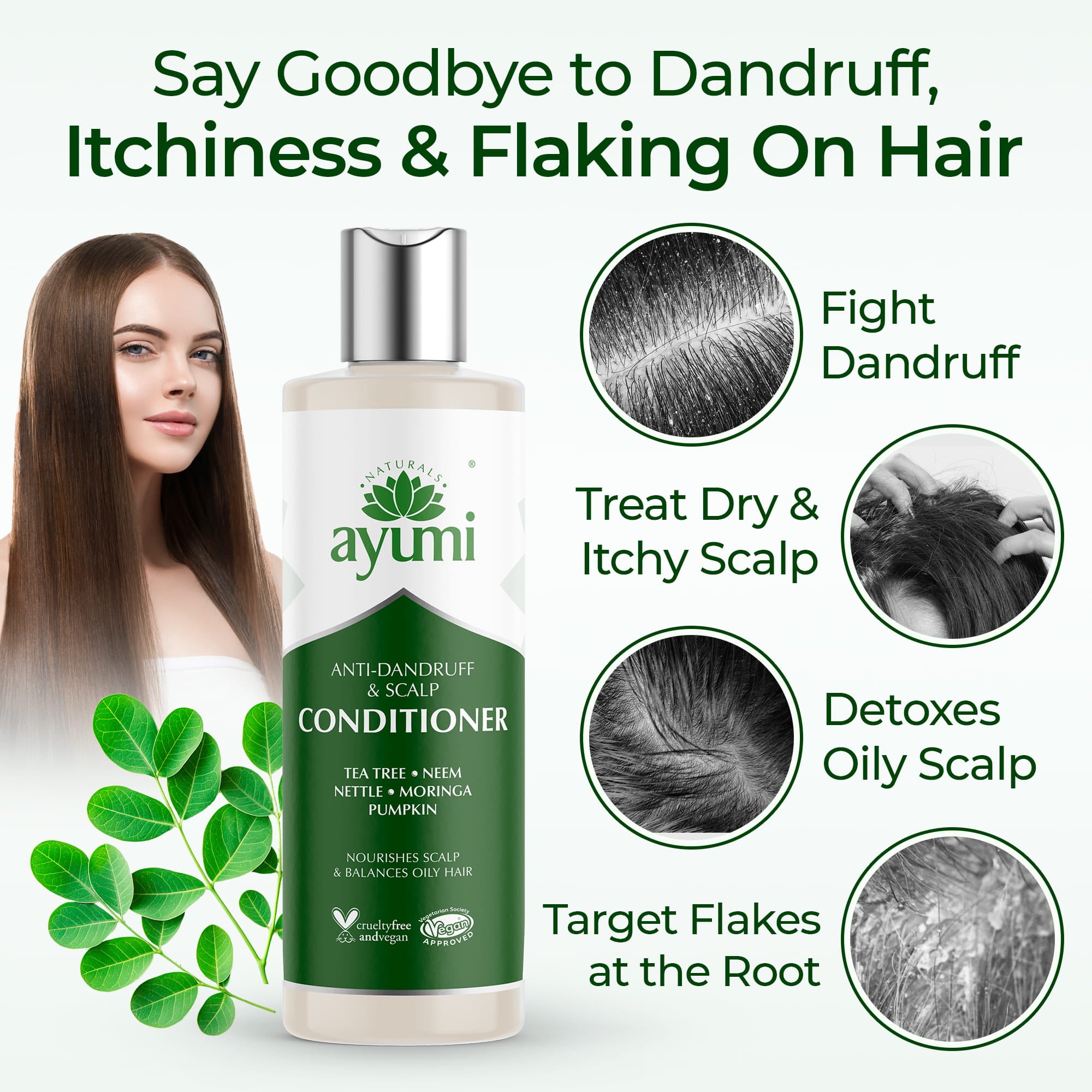 Ayumi anti-dandruff and scalp conditioner bottle with benefits displayed on a white background