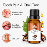Ayumi Pure Clove Oil bottle with images of tooth pain and oral care issues on a white background.