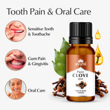 Ayumi Pure Clove Oil bottle with images of tooth pain and oral care issues on a white background.