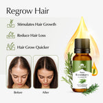 Ayumi Pure Rosemary Essential Oil bottle with before and after hair growth images on a white background.