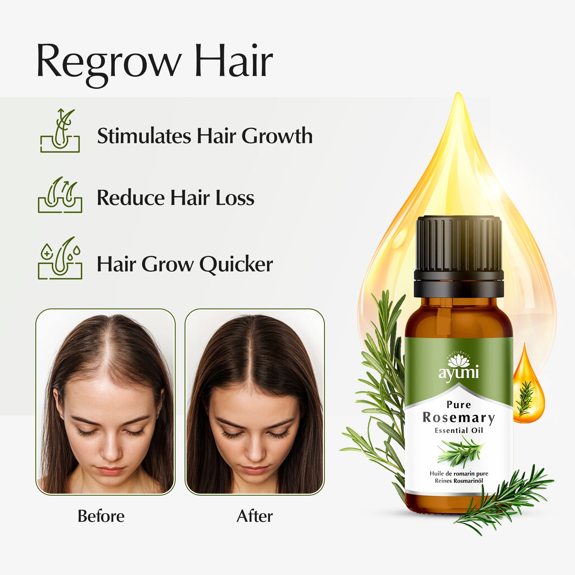 Ayumi Pure Rosemary Essential Oil bottle with before and after hair growth images on a white background.