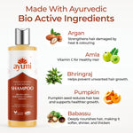 Ayumi shampoo bottle with bio active ingredients listed on a white background