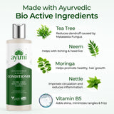 Ayumi anti-dandruff and scalp conditioner bottle with bioactive ingredients listed on a white background