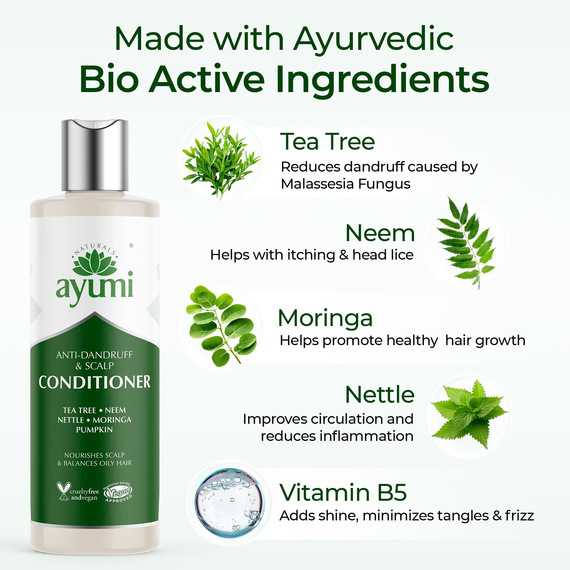 Ayumi anti-dandruff and scalp conditioner bottle with bioactive ingredients listed on a white background