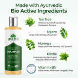 Ayumi shampoo bottle with bioactive ingredients listed on a white background