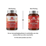 Comparison of old and new Ayumi Triphala packaging on a white background